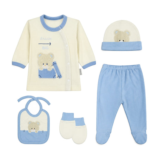 CREAM AND BLUE "DREAM BIG" TEDDY BEAR BABY BOY GIFT SET
