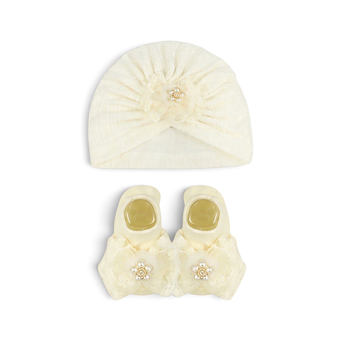 ELEGANT PEARL-ACCENTED CREAM INFANT  BOOTIES & CAP