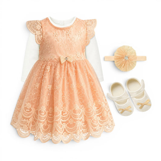 PINK PEARL BOW BABY GIRL FANCY FROCK GIFT SET