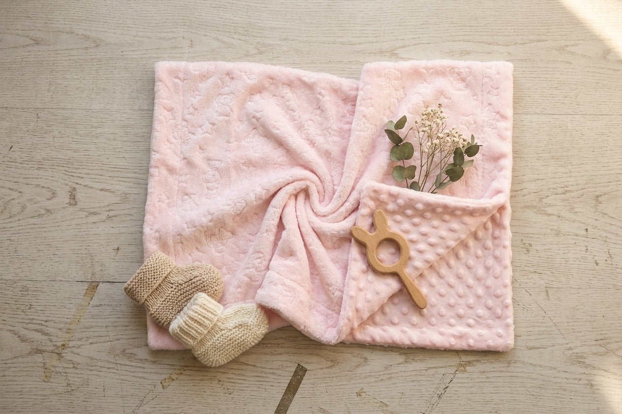 DUSTY PINK EMBOSSED TEDDY BEAR & STAR BLANKET