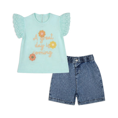 MINT GREEN "A GREAT DAY IS COMING" AND DENIM SHORTS BABY GIRL OUTFIT