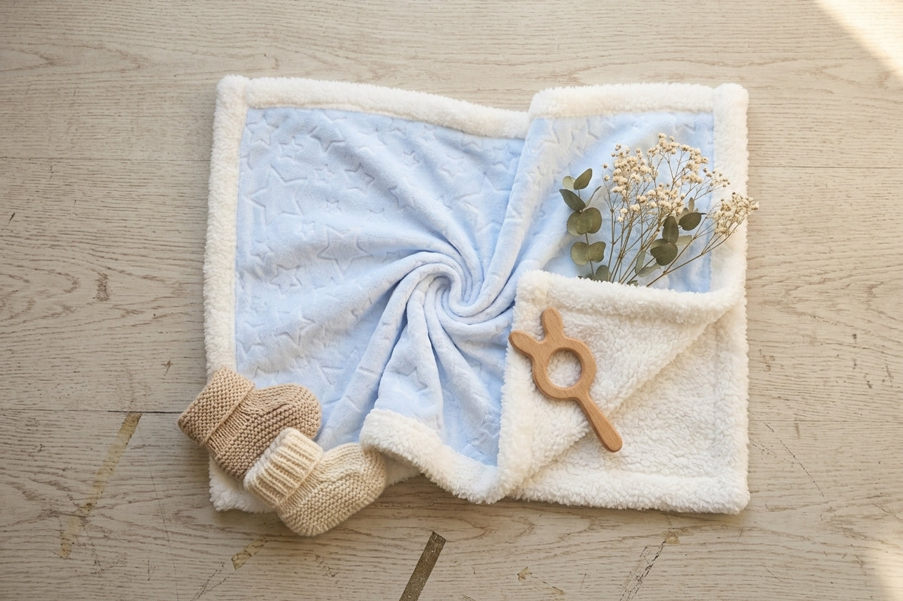 BLUE EMBOSSED HEART WITH WHITE SHERPA BORDER BLANKET