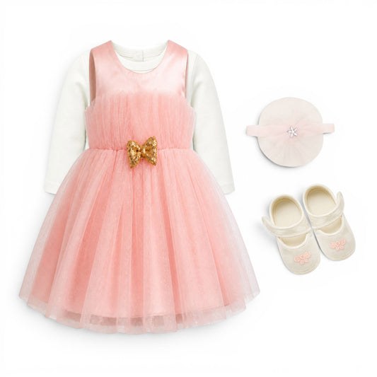 PEACH GOLDEN BOW BABY GIRL FANCY FROCK GIFT SET