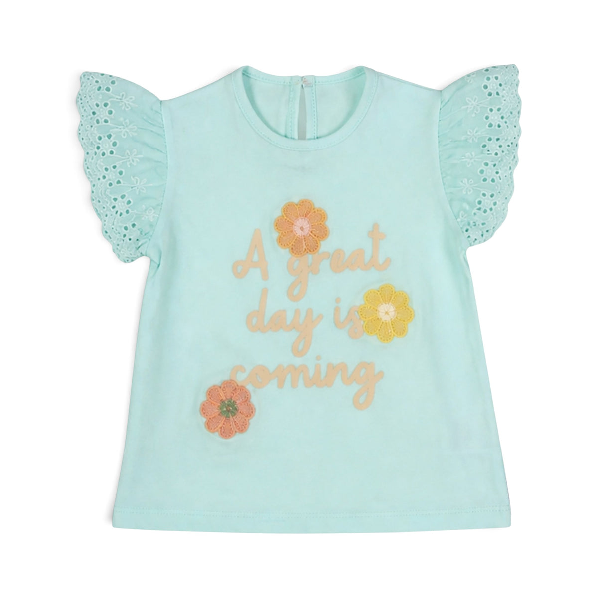 MINT GREEN "A GREAT DAY IS COMING" AND DENIM SHORTS BABY GIRL OUTFIT