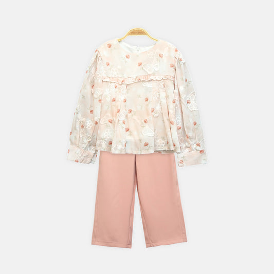 Peach Embroidered Pants Set