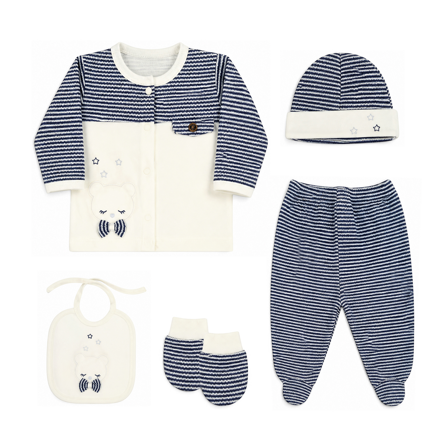 NAVY STRIPE AND CREAM TEDDY BEAR BABY BOY GIFT SET