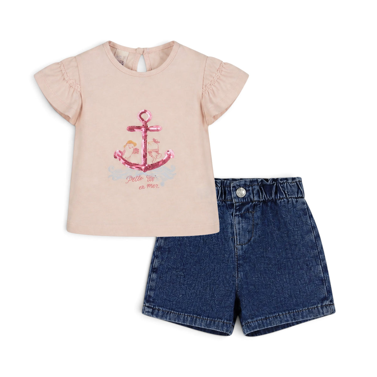 PINK ANCHOR "PETITE IGGY EN MER" AND DENIM SHORTS BABY GIRL OUTFIT