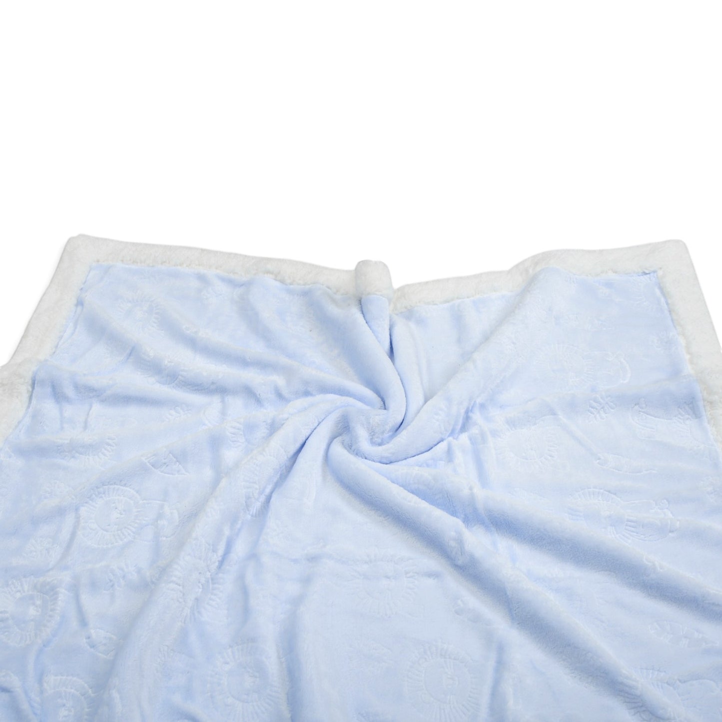 LIGHT BLUE LION EMBOSSED WITH WHITE SHERPA BORDER BLANKET
