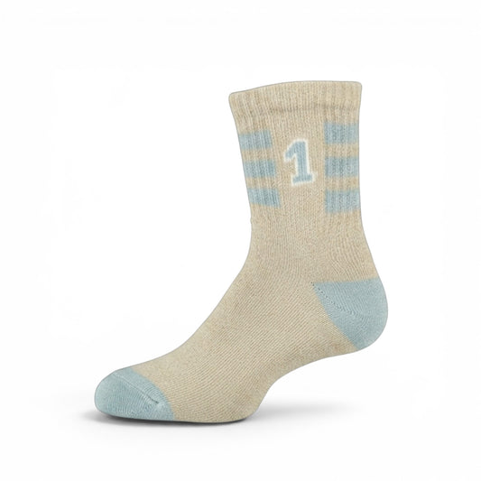 BEIGE STRIPED "1" ANKLE BOY SOCKS