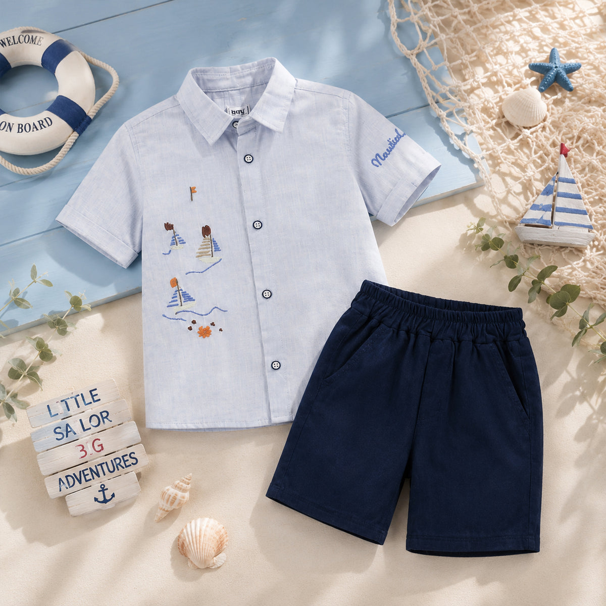 WHITE SAILBOAT EMBROIDERED SHIRT AND BLUE SHORTS BABY BOY OUTFIT