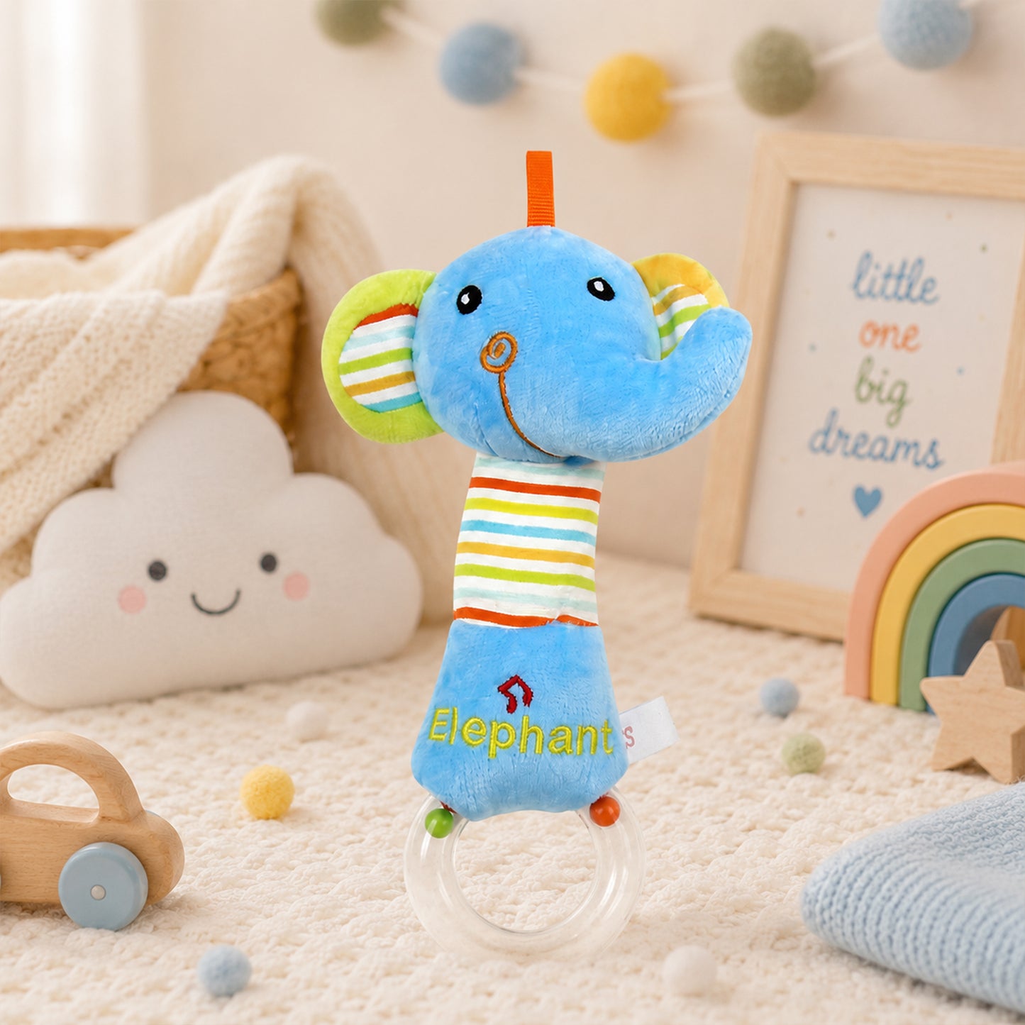 JACKBABY BLUE ELEPHANT PLUSH RATTLE TOY