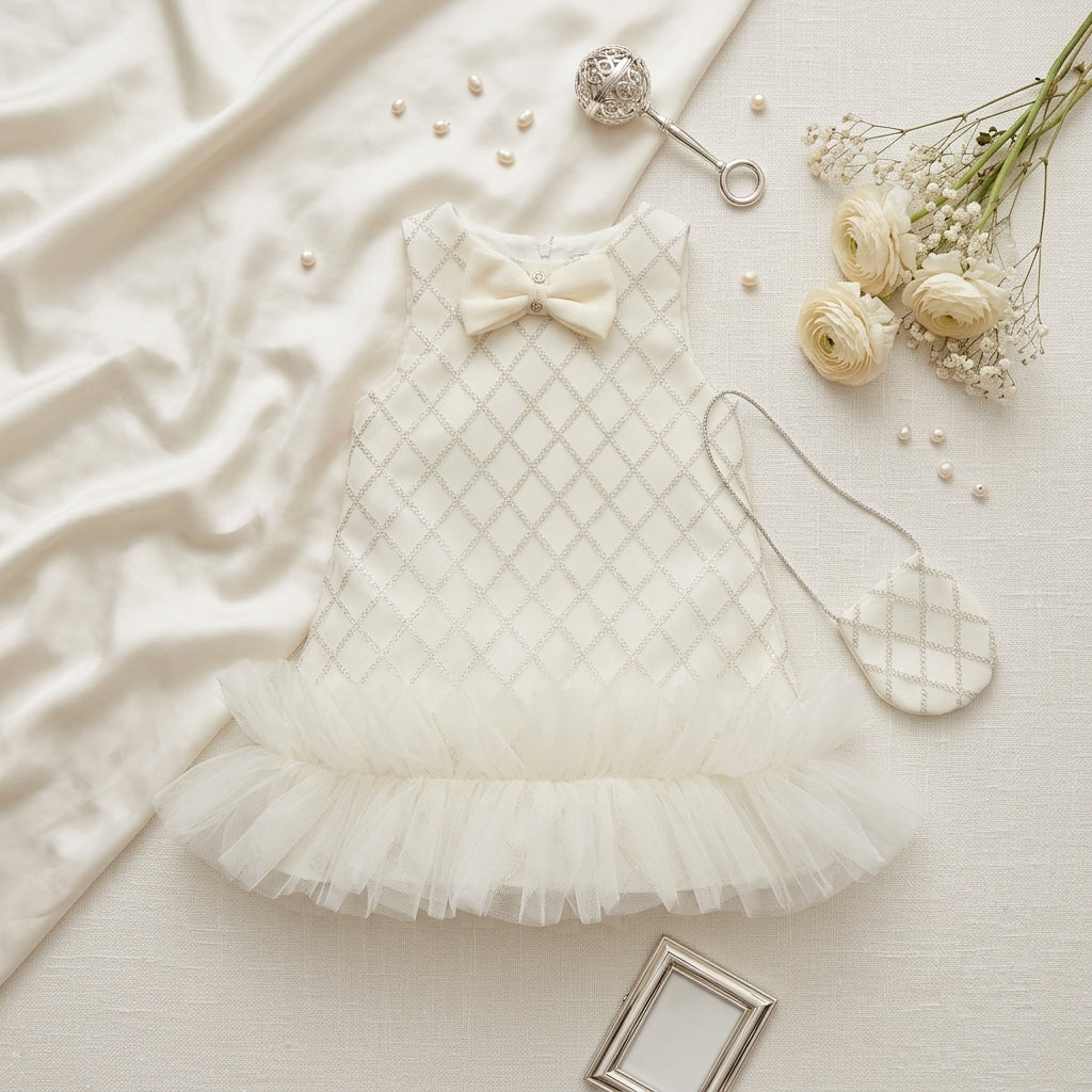 BABY GIRL CREAM & SILVER LATTICE PARTY DRESS