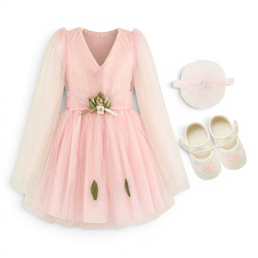 PINK ROSE LEAF BABY GIRL FANCY FROCK GIFT SET