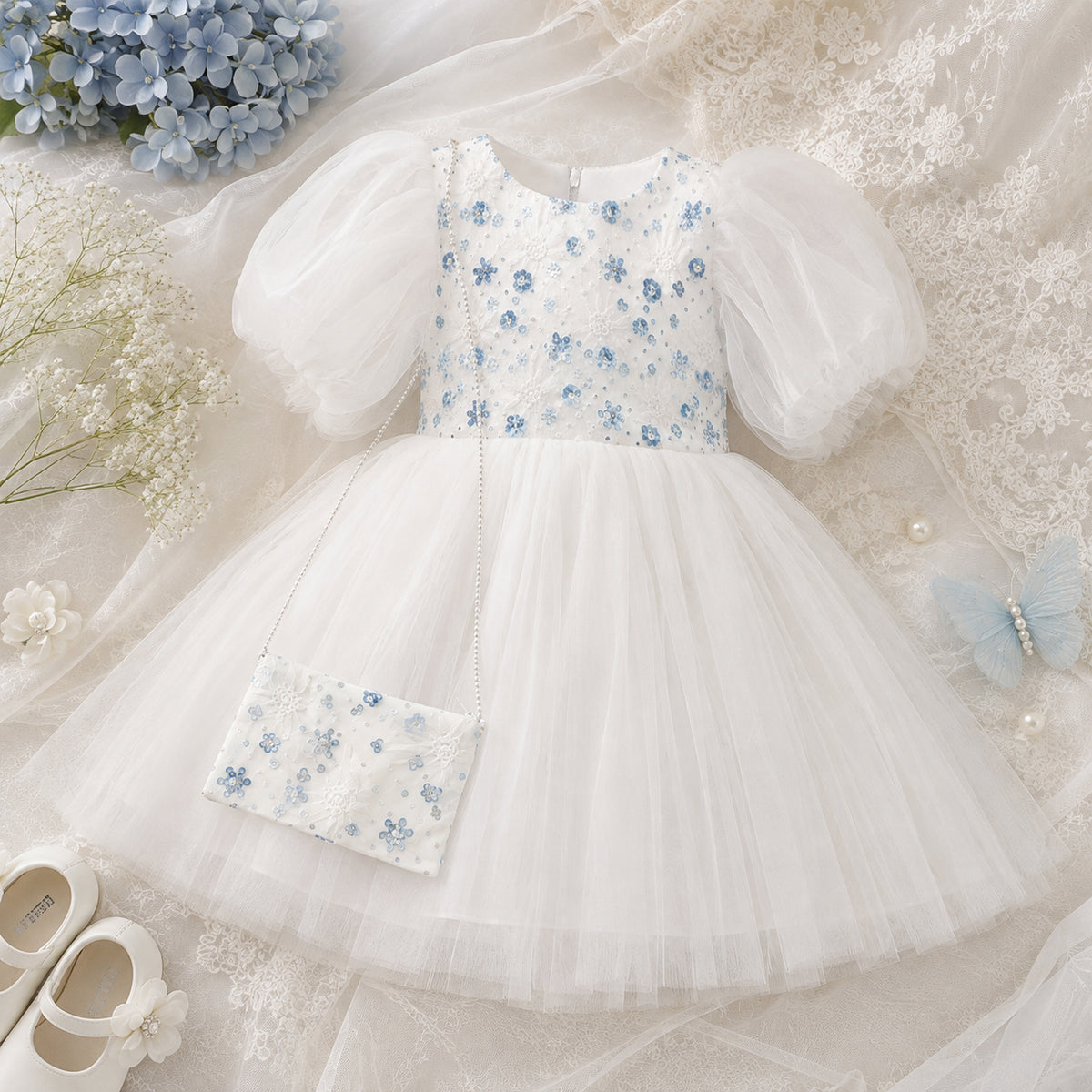 BABY GIRL WHITE PARTY DRESS WITH MATCHING EMBELLISHED BAG