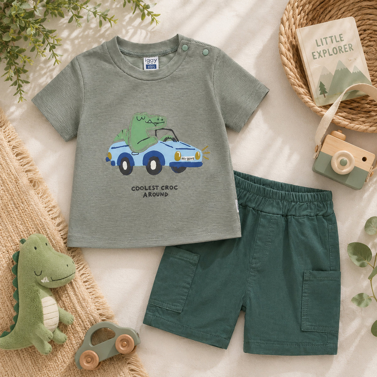 SAGE GREEN "COOLEST CROC AROUND" SHIRT AND SHORTS BABY BOY OUTFIT