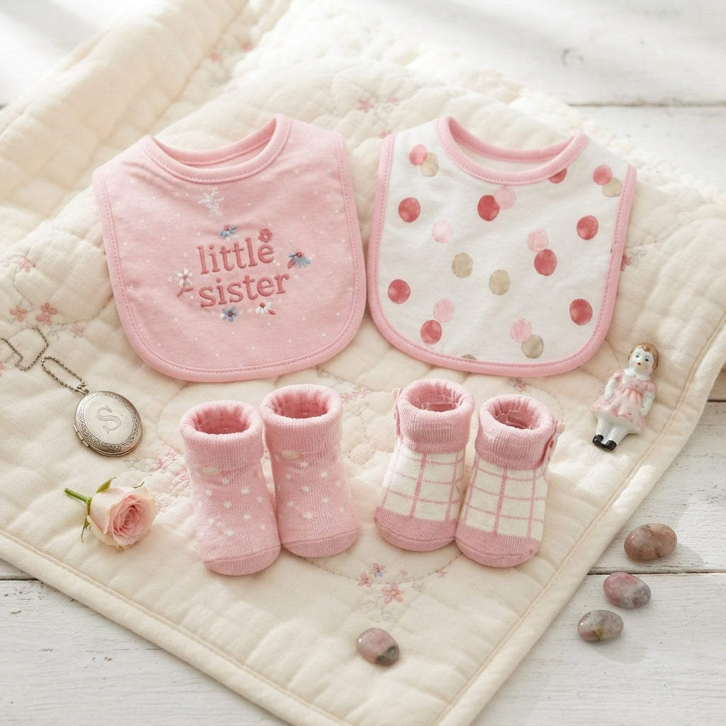 "LITTLE SISTER" INFANT BIBS PK-2 & 2 BOOTIES