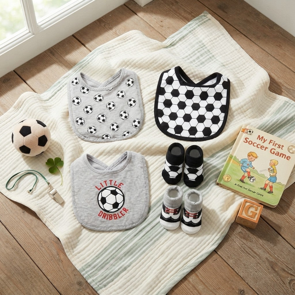 SOCCER-THEMED INFANT BIBS PK-3 & 2 BOOTIES