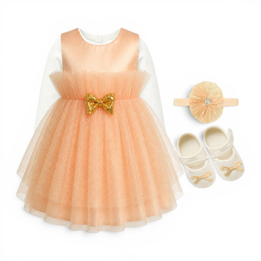 PEACH GOLDEN BOW BABY GIRL FANCY FROCK GIFT SET