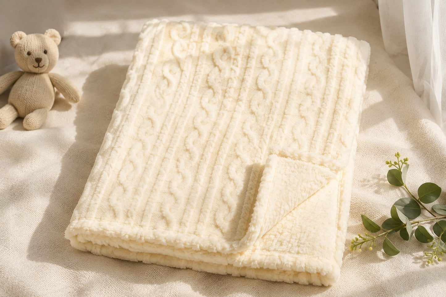 CREAM CABLE-KNIT TEXTURED COZY BLANKET
