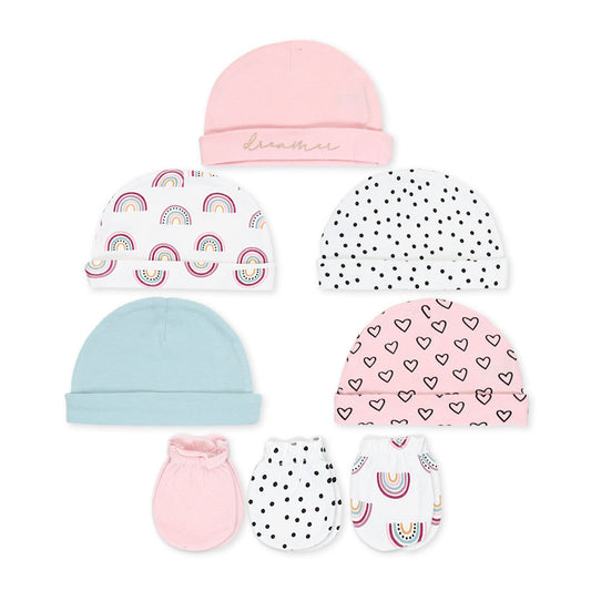 CAPS PK-5 & MITTENS PK-3 PINK HEARTS & RAINBOW