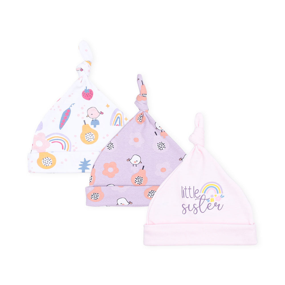 BABY CAPS PK-3 PURPLE BIRDIE & RAINBOW KNOTTED