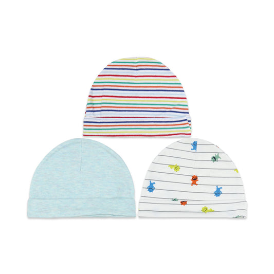 MULTICOLOR STRIPED ANIMAL KINGDOM BABY BOY CAPS PK-3