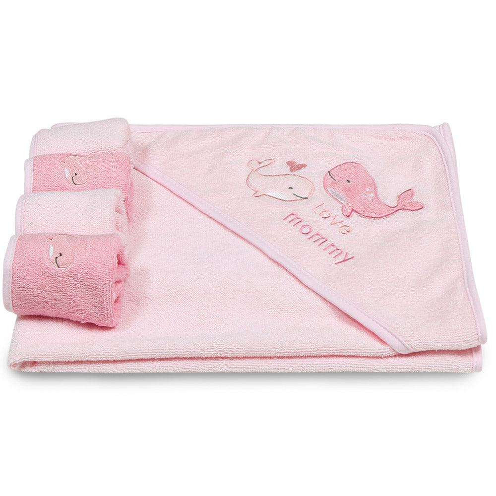 BATH TOWEL & FACE TOWEL PK-4 BABY PINK LOVE MOMMY WHALES