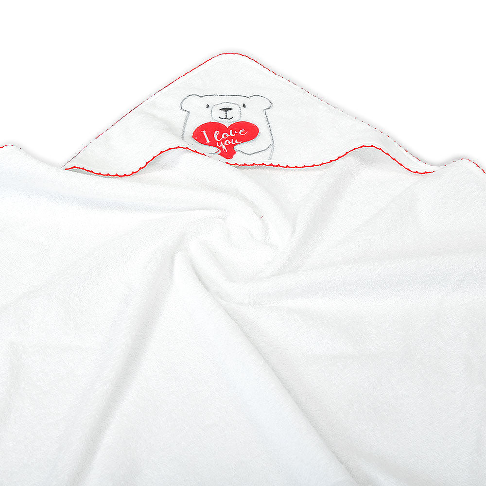 BATH TOWEL RED TEDDY LOVE HOODED