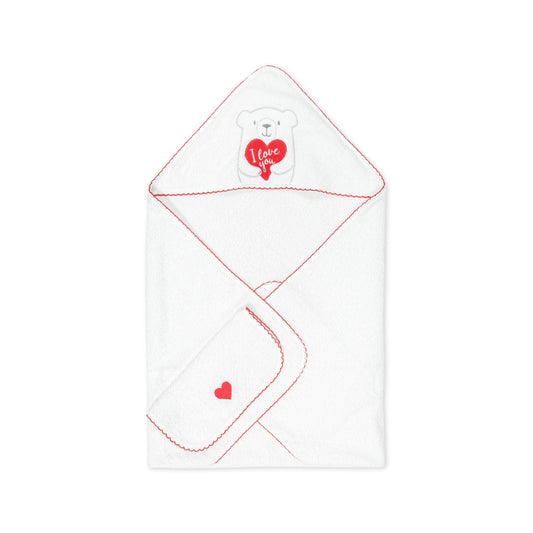 BATH TOWEL RED TEDDY LOVE HOODED