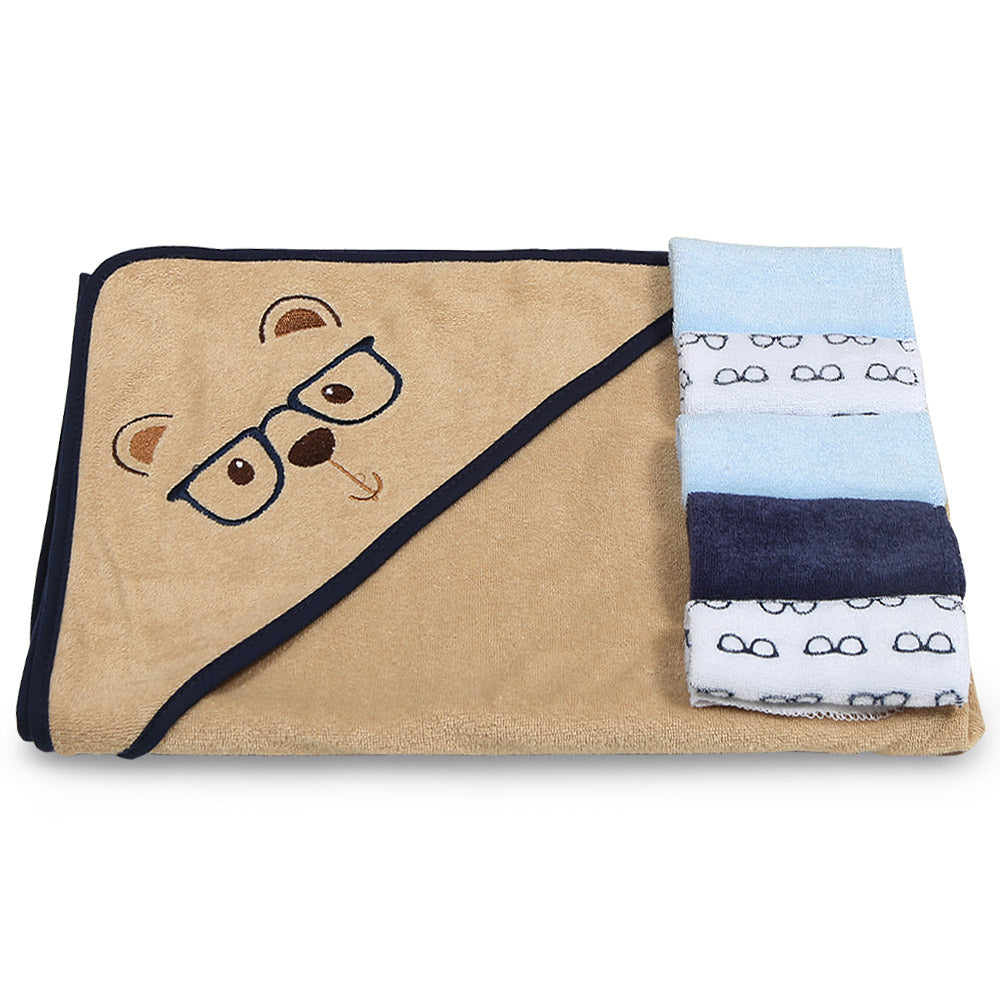 BATH TOWEL WITH 5 FACE TOWELS BROWN NERDY TEDDY