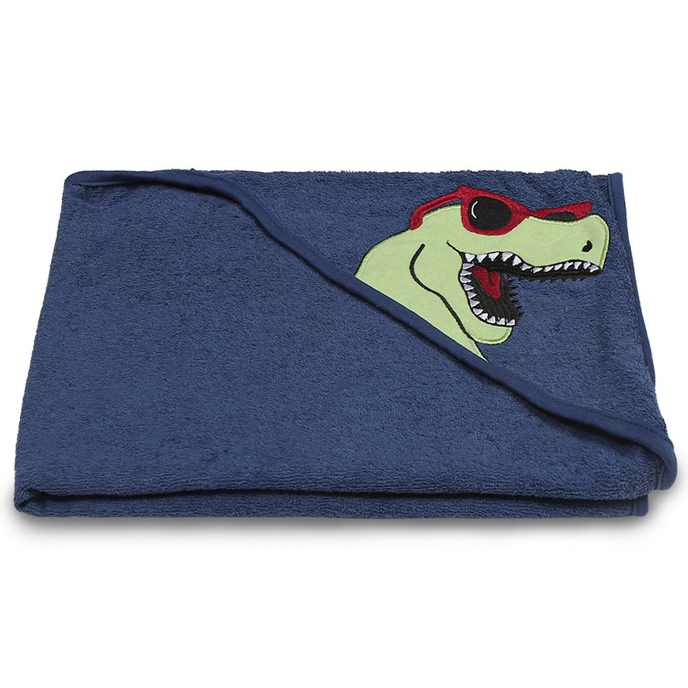 BATH TOWEL ANIMAL HOODED NAVY COOL DINO