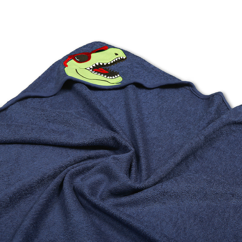 BATH TOWEL ANIMAL HOODED NAVY COOL DINO