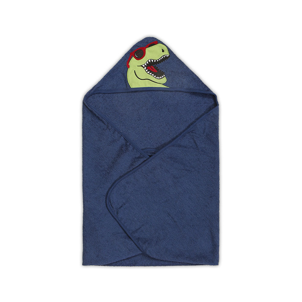 BATH TOWEL ANIMAL HOODED NAVY COOL DINO
