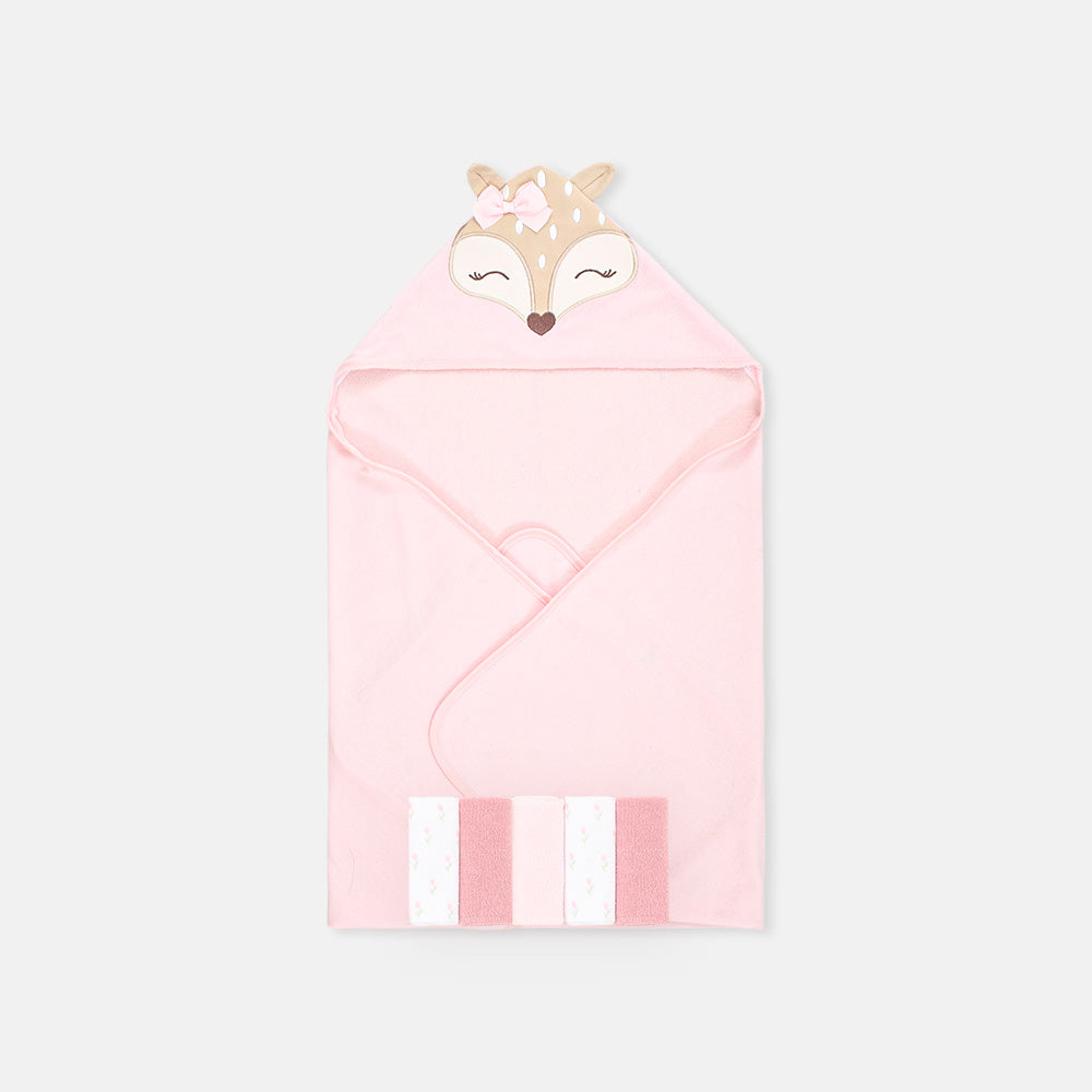 BATH TOWEL WITH 5 FACE TOWELS PINK FOX