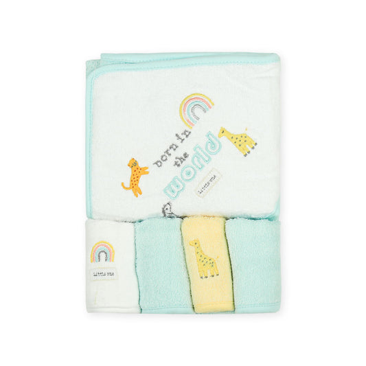 BATH TOWEL & 4 FACE TOWELS ZOO EMBROIDERED PASTEL