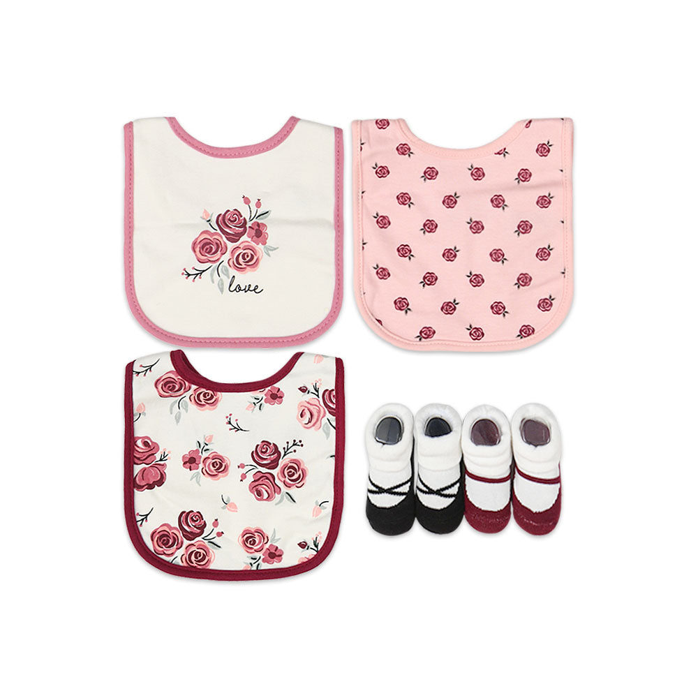 BIBS PK-3 & BOOTIES PK-2 SET MULTI-COLOR ROSES LOVE