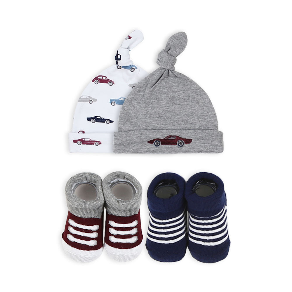 BABY CAPS PK-2 & BOOTIES PK-2 GREY CARS