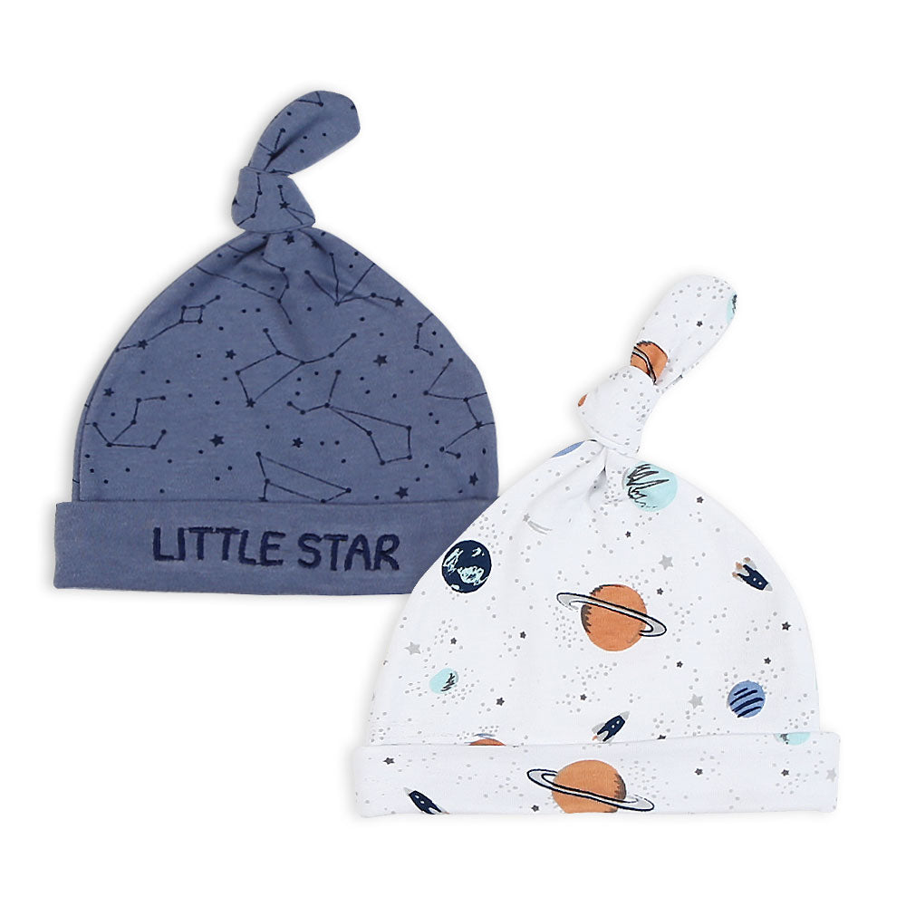 BABY CAPS PK-2 & BOOTIES PK-2 SLATE BLUE LITTLE STARS & GALAXY