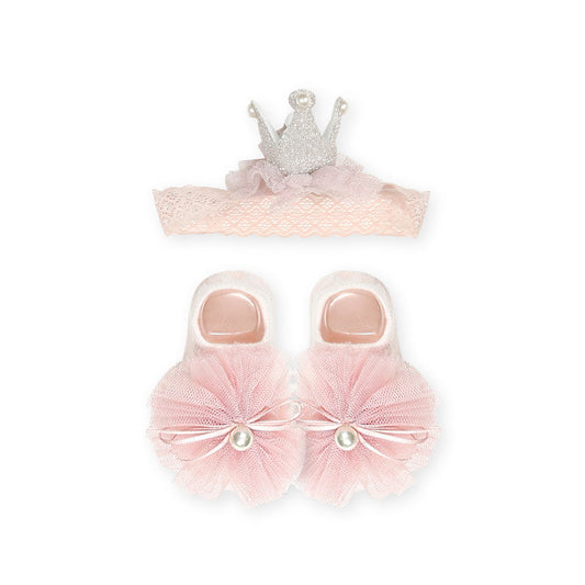 BOOTIES & HAIR BAND TEA PINK PEARLY CROWN
