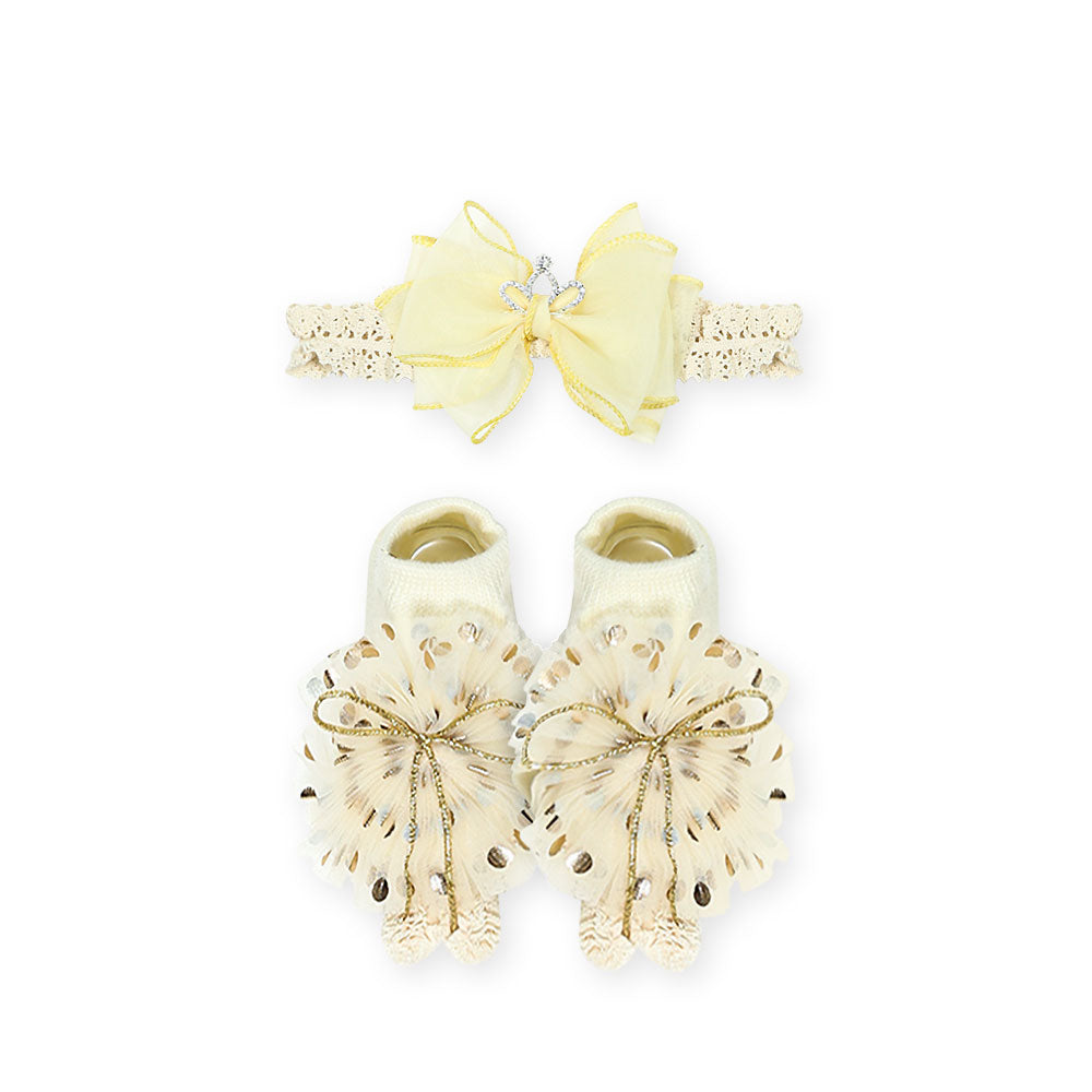 BOOTIES & HAIR BAND BEIGE BOW CROWN