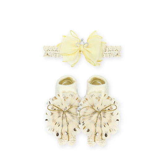 BOOTIES & HAIR BAND BEIGE BOW CROWN