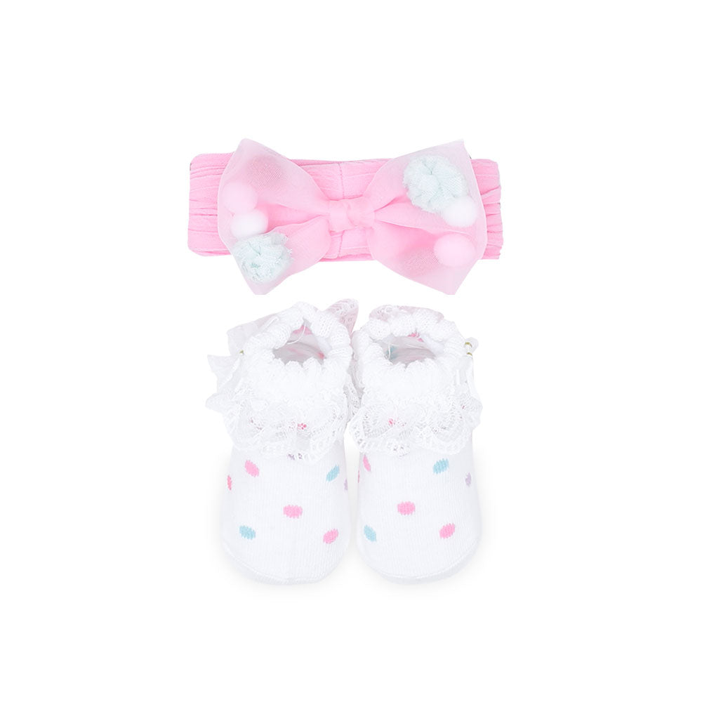 BOOTIES & HAIR BAND PINK DOTTED BOW