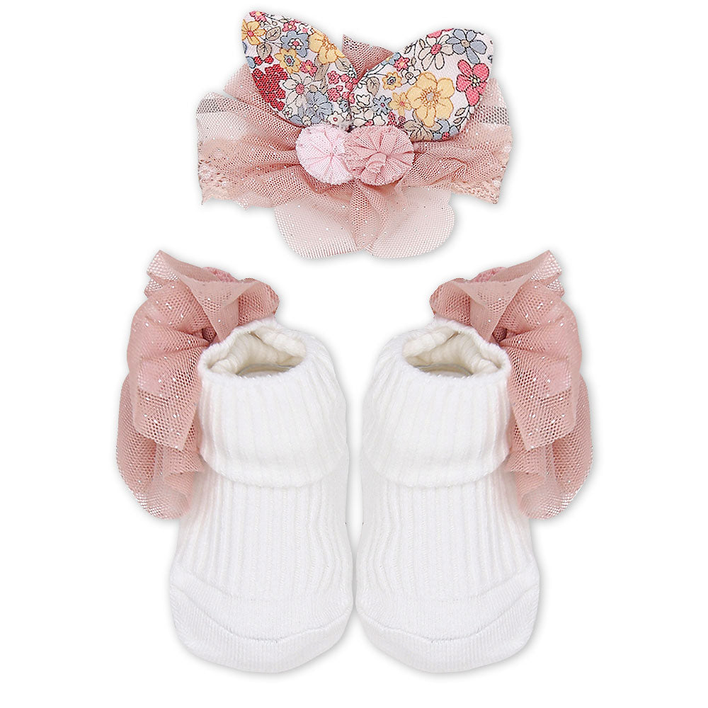 BOOTIES & HAIR BAND PEACH FLORAL