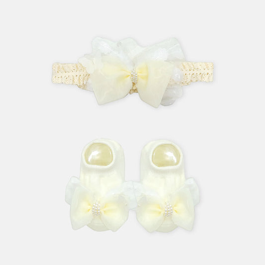BOOTIES & HAIR BAND LEMON PEARL BOW