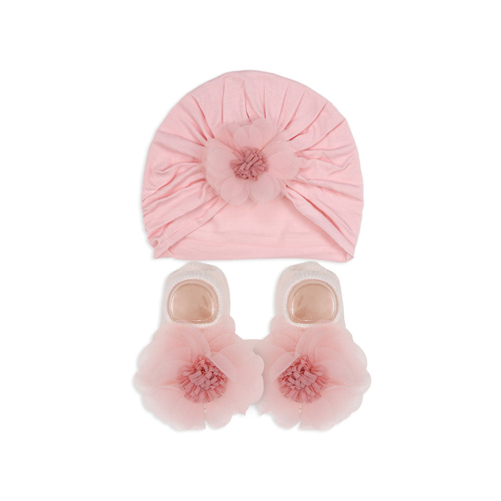 BOOTIES & CAP PINK FLORAL BOW