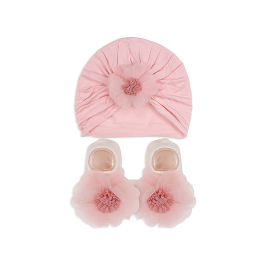 BOOTIES & CAP PINK FLORAL BOW