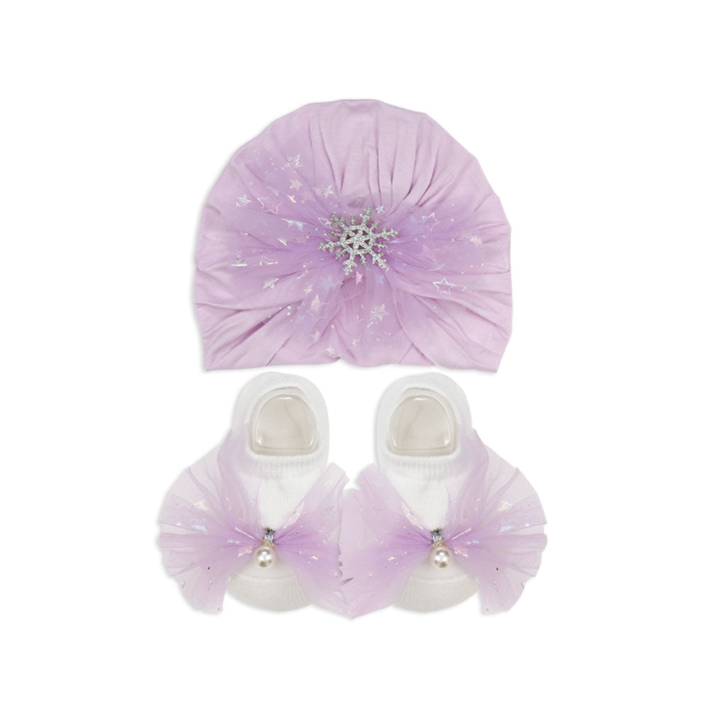 BOOTIES & CAP LAVENDER SHIMMERY SNOWFLAKE