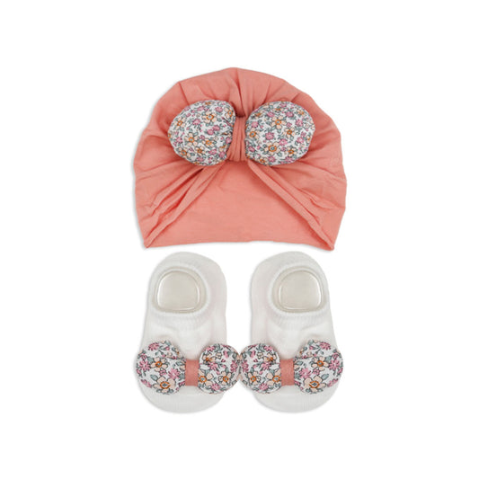 BOOTIES & CAP PEACH FLORAL BOW