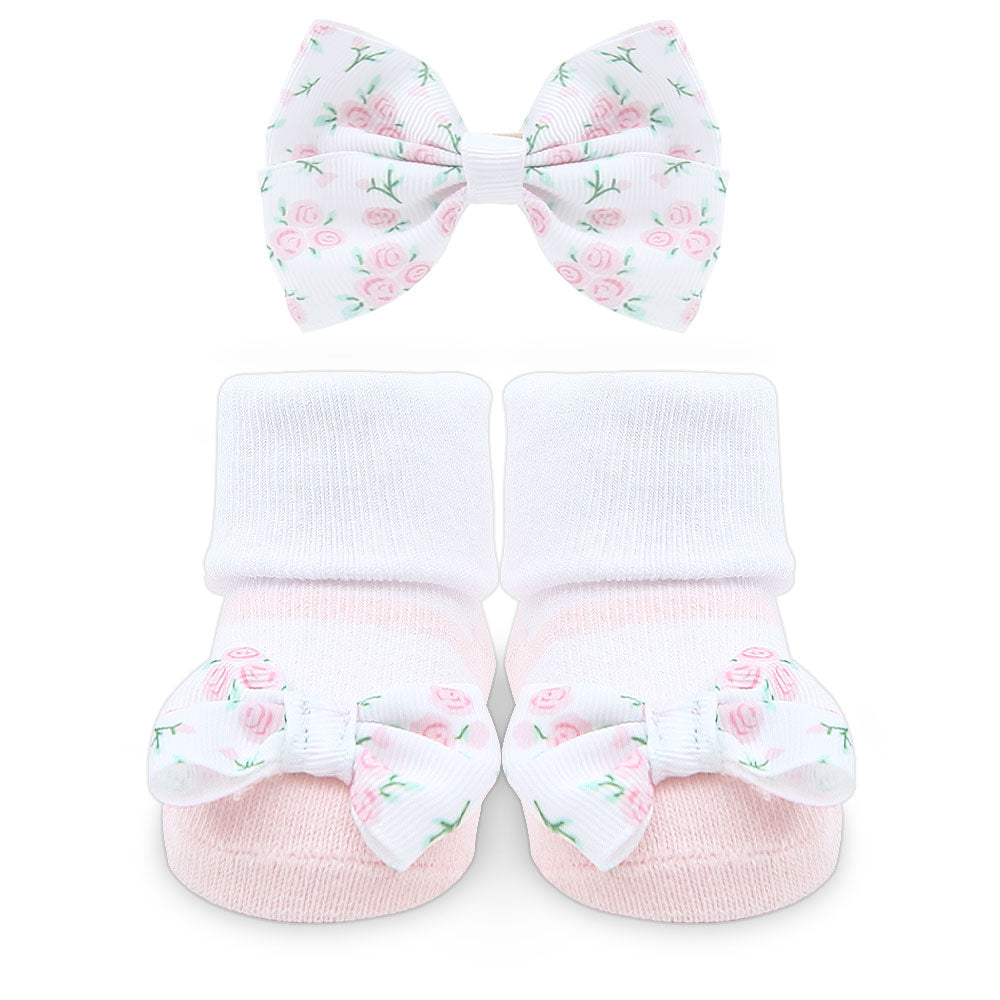 BOOTIES PK-3 WITH 3 HEAD BANDS PINK BOW FLORAL