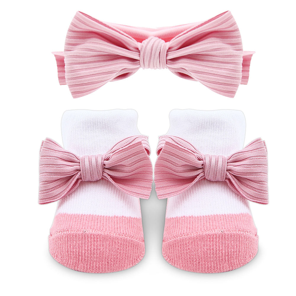 BOOTIES PK-3 WITH 3 HEAD BANDS PINK BOW FLORAL